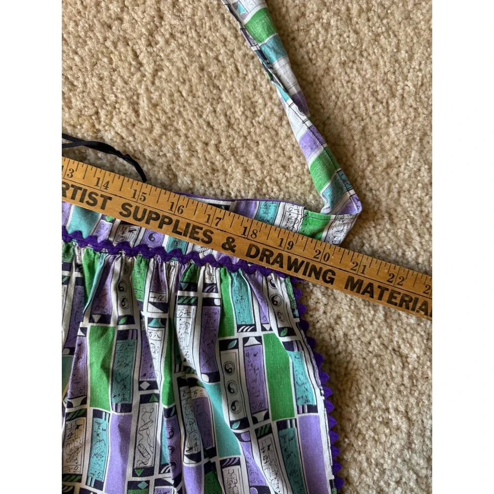 Vintage 1960s Handmade Half Apron Green Purple Rickrack Trim Novelty Print